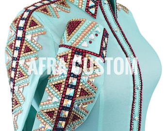 Camisa de exhibición Western Rail en verde azulado con rojo y azul, equitación, camisa de exhibición Western Rail para mujer, camisa de exhibición Western Rail