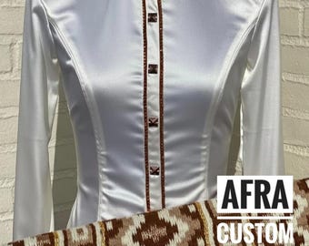 Camisa vaquera blanca con marrón y protector de exhibición a juego, equitación, camisa para mujer, camisa vaquera
