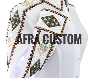 Camisa de exhibición Western Rail blanca con bronce, equitación, camisa de exhibición Rail para mujer, camisa de exhibición Western Rail