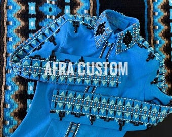 Camisa de exhibición Western Rail azul con negro y protector de exhibición a juego, equitación, camisa de Rail para mujer, camisa de exhibición Western