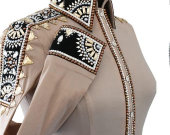 Camisa vaquera beige con negro y marrón para espectáculos de equitación, camisa vaquera para mujer, camisa vaquera para espectáculos