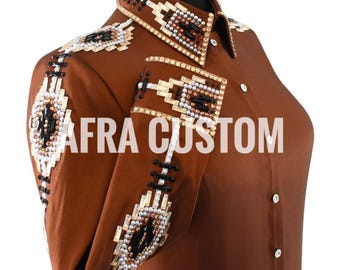 Camisa de exhibición Western Rail marrón con negro y dorado, equitación, camisa de exhibición Rail para mujer, camisa de exhibición Western Rail
