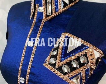 Camisa de exhibición Western azul con dorado, equitación, camisa de exhibición para mujer, camisa de exhibición Western