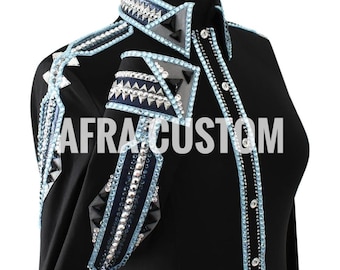 Camisa de exhibición Western Rail negra con azul y gris, equitación, camisa de exhibición Rail para mujer, camisa de exhibición Western Rail