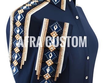 Camisa vaquera azul con negro y dorado para espectáculos de equitación, para mujer, estilo western