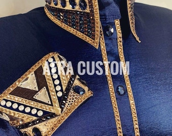 Camisa de exhibición Western azul con dorado, equitación, camisa de exhibición para mujer, camisa de exhibición Western