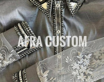 Camisa de exhibición Western gris con negro, equitación, camisa de exhibición para mujer, camisa de exhibición Western