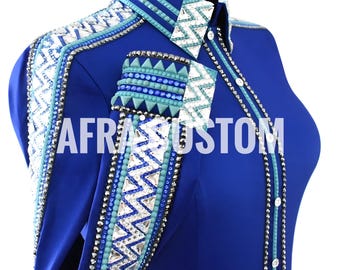 Camisa de exhibición Western Rail en azul, blanco y verde azulado, equitación, camisa de exhibición Rail para mujer, camisa de exhibición Western Rail