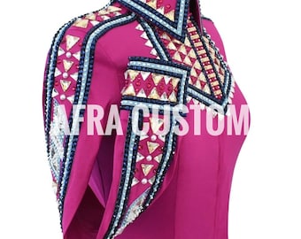 Camisa rosa con azul para espectáculos de Western Rail, equitación, camisa para espectáculos de Rail para mujer, camisa para espectáculos de Western Rail