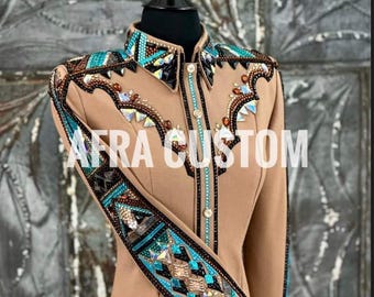 Camisa de exhibición Western Rail en beige con negro y azul, equitación, camisa de exhibición Rail para mujer, camisa de exhibición Western Rail