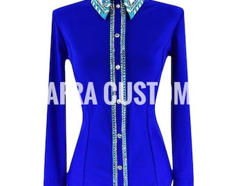 Camisa de exhibición Western azul con plata, equitación, camisa de exhibición para mujer, camisa de exhibición Western