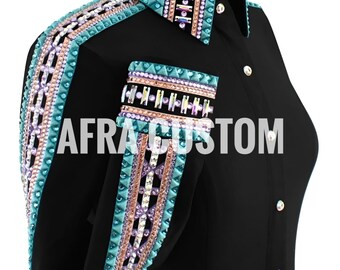 Camisa de exhibición Western Rail negra con verde azulado y morado, equitación, camisa de exhibición para mujer, camisa de exhibición Western Rail