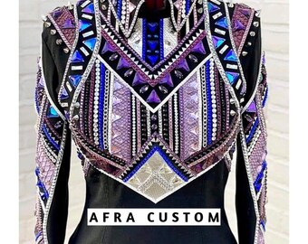 Chaqueta de exhibición Western negra con morado y azul, equitación, chaqueta de exhibición para mujer, chaqueta de exhibición Western