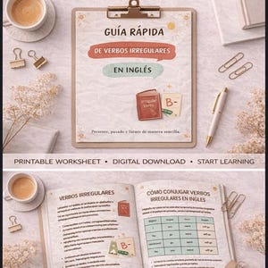 Puede incluir: Descarga digital de una guía de verbos irregulares en inglés. La imagen muestra una carpeta con el título "GUÍA RÁPIDA" y "DE VERBOS IRREGULARES EN INGLÉS". También hay un libro y una hoja de trabajo con conjugaciones verbales.