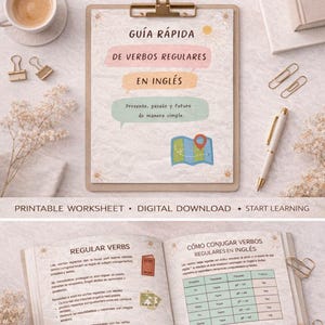 May include: A printable worksheet and digital download for learning English regular verbs. The image shows a clipboard with text in Spanish, a book, and a pen. The text on the clipboard says "Quick Guide of Regular Verbs in English."