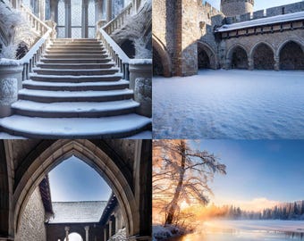 Fondos digitales de castillos de invierno / Escenas de castillos de fantasía / Descarga instantánea