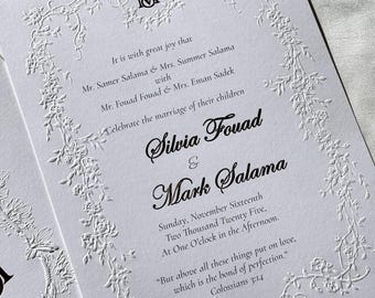 Invitación de boda de lujo minimalista / Suite clásica y elegante / Invitaciones personalizadas hechas a mano / Diseño de papelería blanca con relieve