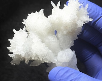 Può includere: Primo piano di un gruppo di formazioni cristalline bianche, simili a una geode o a un campione minerale. I cristalli hanno una superficie ruvida e sono tenuti da una mano guantata su sfondo scuro. Esemplare geologico naturale.