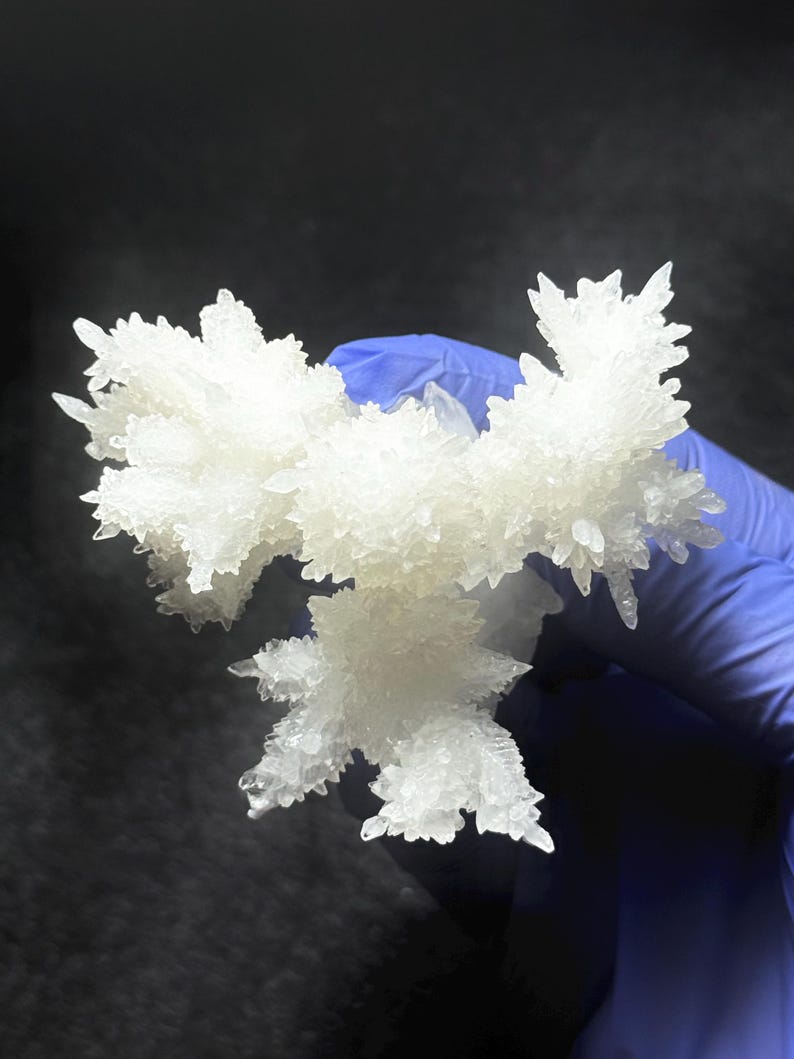 Puede incluir: Primer plano de una formaci&oacute;n cristalina blanca, con m&uacute;ltiples puntas. Los cristales tienen un aspecto esmerilado y una superficie texturizada. El fondo es oscuro, contrastando con los cristales brillantes. La estructura es sostenida por una mano enguantada.