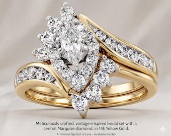 Conjunto de anillo de compromiso con diamante talla marquesa, alianza nupcial estilo art déco vintage, oro rosa de 14k