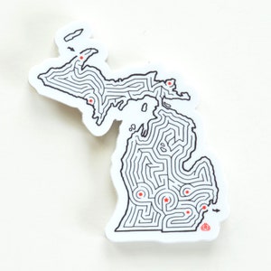 Sticker kaart van de staat Michigan Maze | Premium gestanst vinyl | 3,5 x 3 inch | Grand Rapids / Ann Arbor / Lansing / Detroit / Houghton