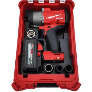 May include: A red and black impact wrench kit with a battery and sockets, neatly organized within a red carrying case. The wrench features the word "FUEL" and the battery is labeled "M18 REDLITHIUM HIGH OUTPUT XC6.0".