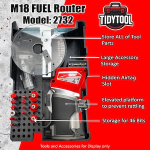 May include: A black M18 FUEL Router Model 2732 with a red and black housing. The image shows storage for 46 bits, a hidden Airtag slot, and large accessory storage. The text "TIDYTOOL" is visible.
