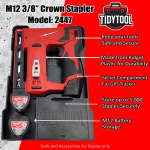 May include: A red and black M12 3/8" Crown Stapler, model 2447, with a black storage case. The case includes storage for the stapler, two batteries, and a secret compartment for a GPS tracker. The stapler is made of rigid plastic.