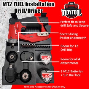 May include: A red and black M12 FUEL drill/driver with a black storage case. The case has compartments for drill bits, attachments, and batteries. Text on the image includes "M12 FUEL Installation Drill/Driver" and "TIDYTOOL".