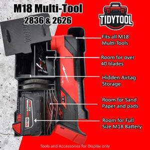 May include: A red and black M18 Multi-Tool with a black storage case. The case has compartments for blades, sand paper, and a full-size M18 battery. The text on the case reads "TIDYTOOL".