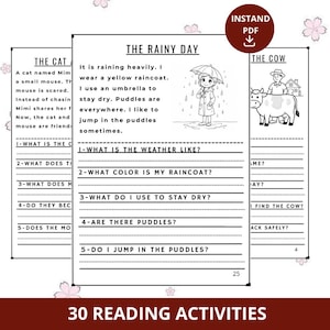 May include: A collection of printable reading activities for children. The pages feature illustrations and text about a cat, a rainy day, and a cow. The text includes questions for comprehension. The bottom of the image reads "30 READING ACTIVITIES".