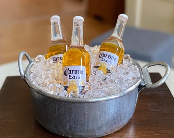 Miniature Ice Bucket with Carona (or Budweiser) Beer for Dollhouse and Fairy Gardens! It's Time to Put Carona on Ice!