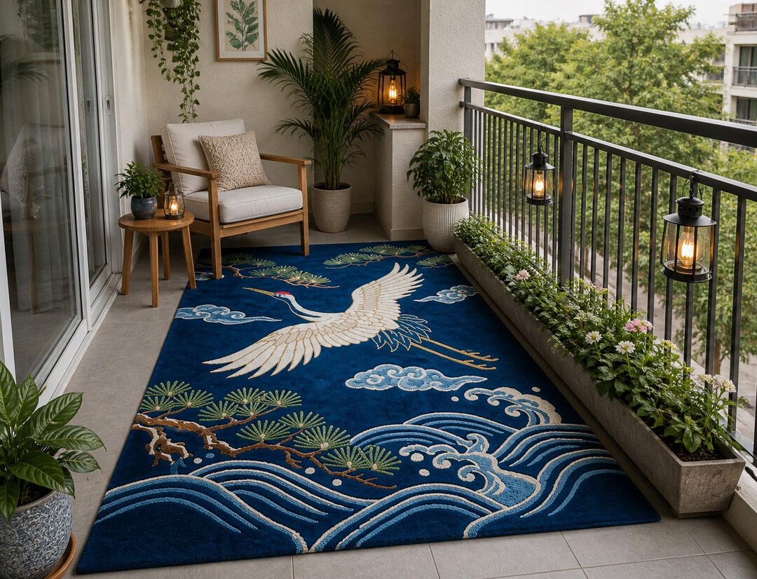 Hand Tufted Crane Japanese Style Area Rug, Blue Botanical Rug, Nature ...