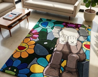 ハンドタフテッド KAWS インスパイアード ラグ、モダン抽象花柄ウールラグ、高級ハンドメイドエリアラグ、リビングルームカーペット、カスタムサイズラグ