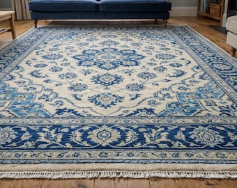 Handgeknüpfter orientalischer Teppich aus Wolle im persischen Stil, Blau, Elfenbein medaillon Teppich