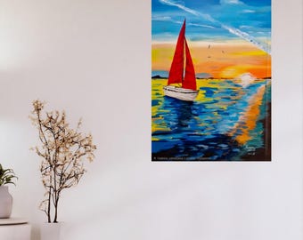 Original Sailboat Oil Painting, Nautical Wall Art on Canvas, Sunset Sea Landscape, Hand-Painted