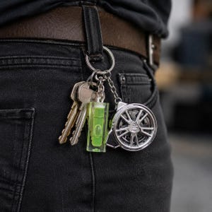 Puede incluir: Un llavero plateado con un dije de rueda de coche, un pequeño nivel y llaves sujetas a una trabilla del cinturón. El nivel está encerrado en plástico transparente verde. La persona lleva vaqueros negros y un cinturón marrón.