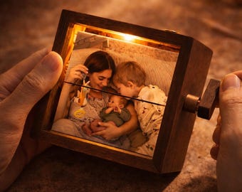 Personalized Wooden Photo Flip Box with Light • Hand Crank Animation Keepsake