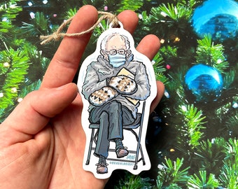 Bernie Sanders' Mittens Christmas Ornament - Bernie Sanders Meme - Hand Drawn Wood Ornament