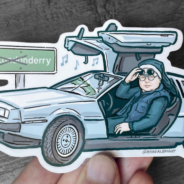 Sister Michael's Car - Stickers & Magnets - Derry Girls Delorean Illustration - Waterproof Decals