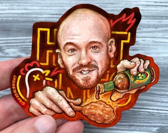 Hot Ones Sean Evans Portait Illustration - Last Dab / Da Bomb Tribute - Stickers and Magnets