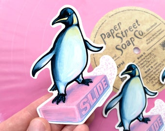 Penguin "Slide" Pink Soap Illustration - Stickers and Magnets - Waterproof Decals