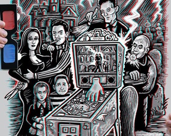 La famille Pinball - Poster 3D avec lunettes - Édition limitée - Impression d'illustrations anaglyphes d'archives numérotées et signées