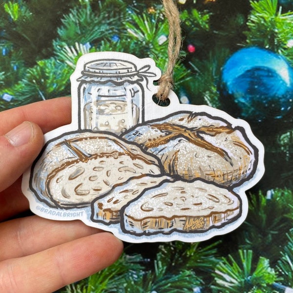 Sourdough Starter & Handmade Bread Loaf - Christmas Ornament - Hand Drawn Wood Ornament