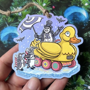 The Penguin Returns Ornament - Duckie Car & Penguin Army - Hand-Drawn Christmas Ornament