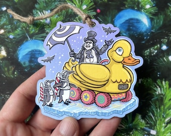 The Penguin Returns Ornament - Duckie Car & Penguin Army - Hand-Drawn Christmas Ornament