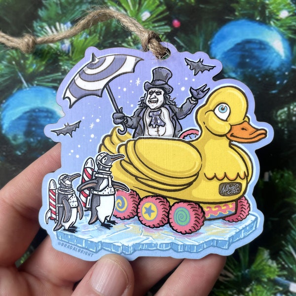 The Penguin Returns Ornament - Duckie Car & Penguin Army - Hand-Drawn Christmas Ornament