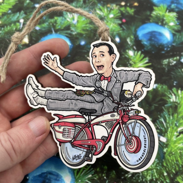 Pee Wee & His Bike - Ornament - Wood and Archival Giclee Print - Hand Drawn Wood Ornament