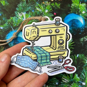 Sewing Machine with Face Mask - Christmas 2020 Ornament - Hand Drawn Wood Ornament