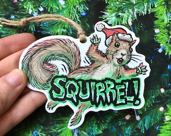 Squirrel in the Tree Christmas Vacation Ornament Hand Drawn Wood Ornament 